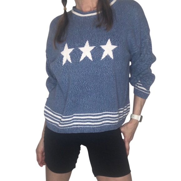 Vtg Y2K Christopher Banks Knit Sweater Sz L Blue White Star Beachy Casual Sporty - Picture 3 of 9